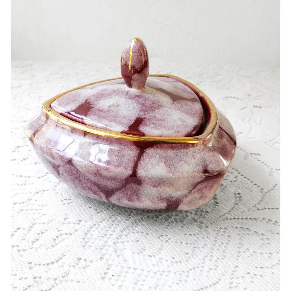 Mid-Century Candy Dish Bay Keramik West Germany Maroon White 1960s